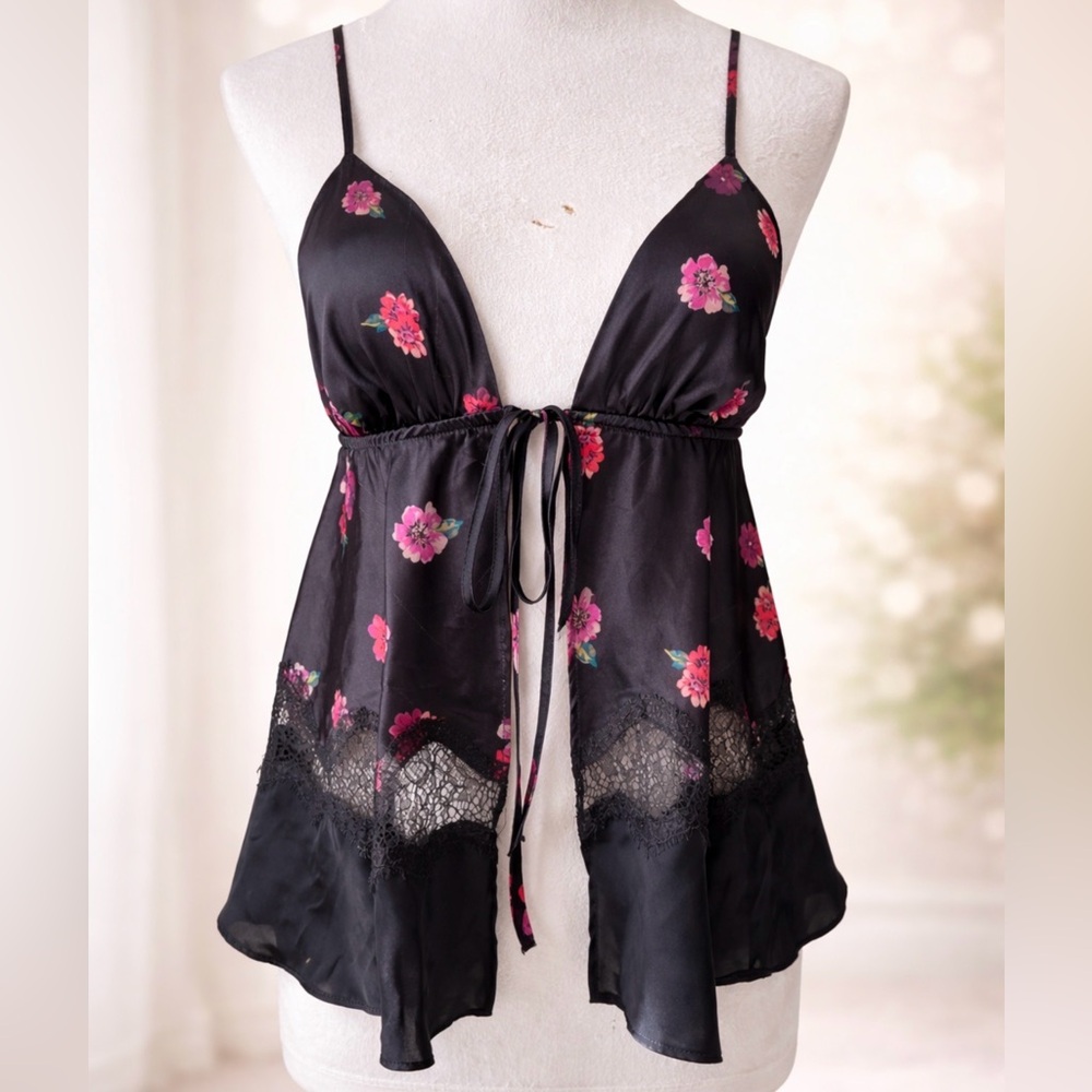 Victoria’s Secret Black Floral Satin Chemise Lace Babydoll Y2K Lingerie Size S